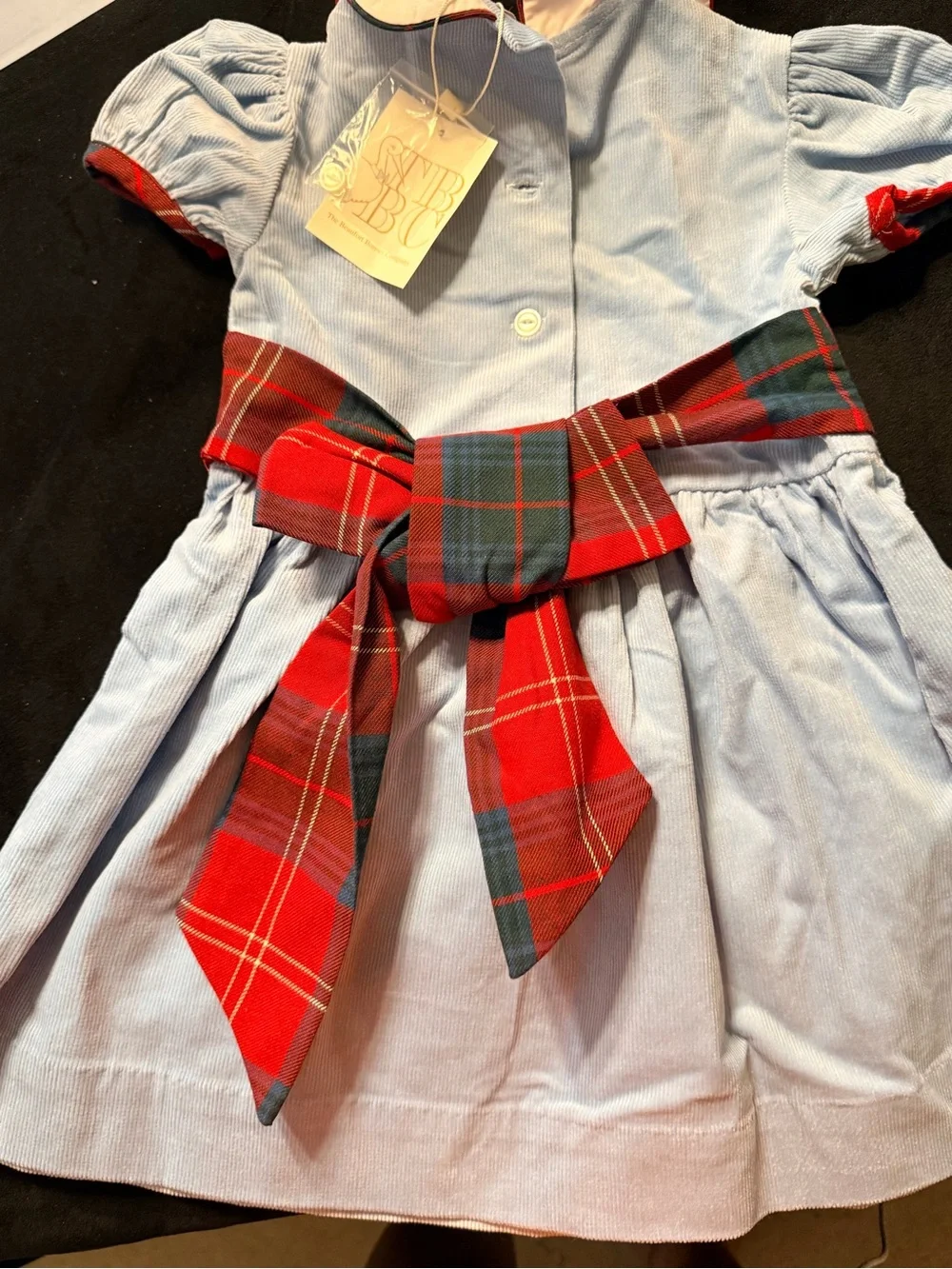 The Beaufort Bonnet Company Light Blue Dress with Red Plaid Waistband NWT 3t